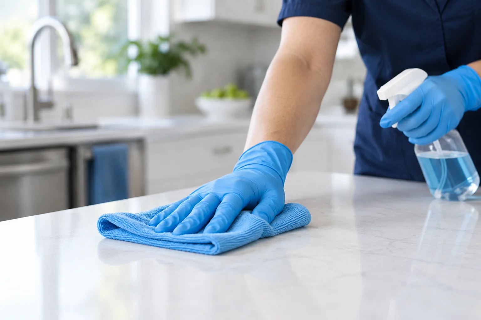 Mutfak tezgâhının mikrofiber bezle detaylı temizliği